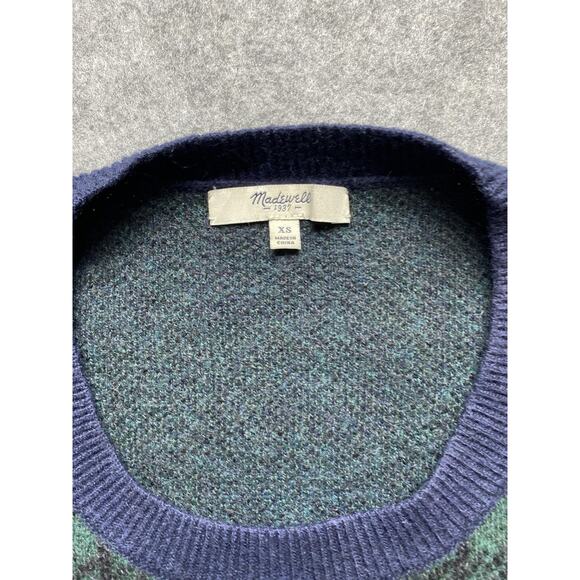 Madewell Sweater Womens XS Navy Green Plaid High Low Curved Hem Tunic Knit - Picture 5 of 9